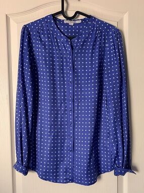 Boden Silk Viscose Blue Polka Dot Button Down Blouse, Size 4